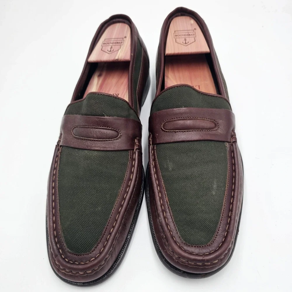 80s E.T. Wright Men's Loafers Brown Leather & Green Canvas Italy Size 11 B